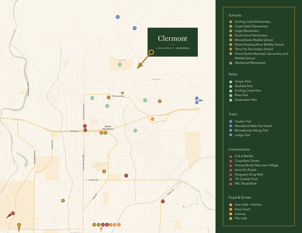 Map of Clermont's neighbourhood with nearby schools, parks, trails and shops